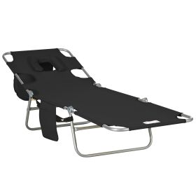 Outsunny Folding Beach Lounge Chair with Face Hole and Arm Slots, 5-level Adjustable Sun Lounger Tanning Chair with Pillow for Patio, Garden, Beach, P