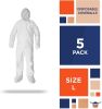 White Hazmat Suits, Large. Pack of 5 Waterproof MPP Disposable Coveralls with Hood, Boots, Elastic Wrists, Zipper. Tear Resistant 60 GSM Unisex Painte