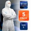 White Hazmat Suits, Large. Pack of 5 Waterproof MPP Disposable Coveralls with Hood, Boots, Elastic Wrists, Zipper. Tear Resistant 60 GSM Unisex Painte