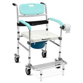 Aluminum Medical Transport Commode Wheelchair Shower Chair-Turquoise