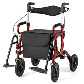2-in-1 Foldable Rollator Walker with Seat abd 9 Inch Pneumatic Tires for Seniors-Red - Color: Red